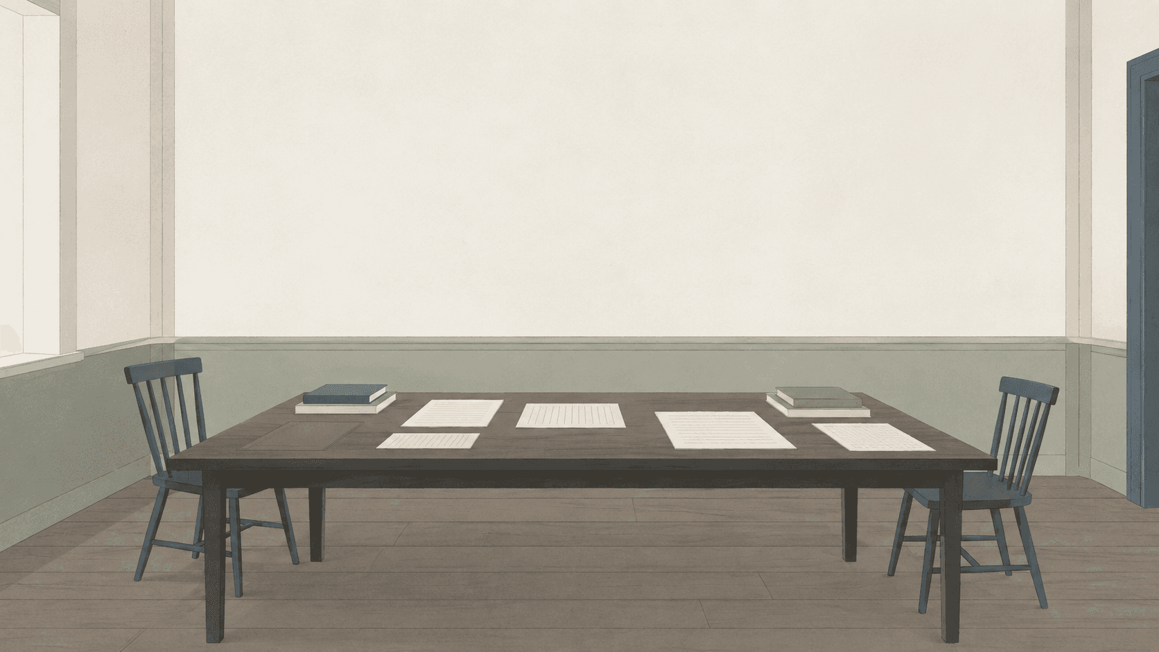 A quiet plain room containing only a wide table and two simple chairs.
