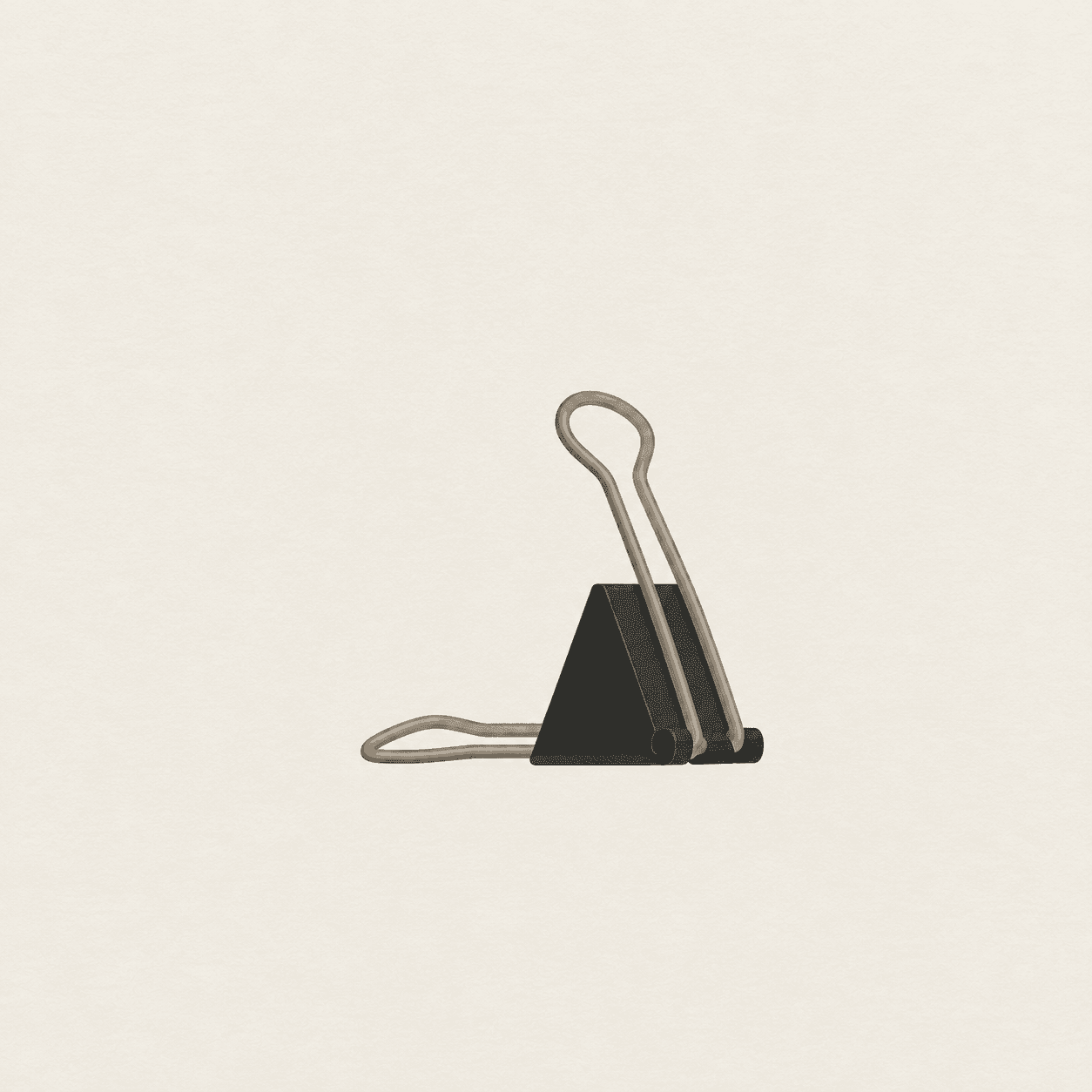 A single plain binder clip standing on an empty pale surface, seen from the side.