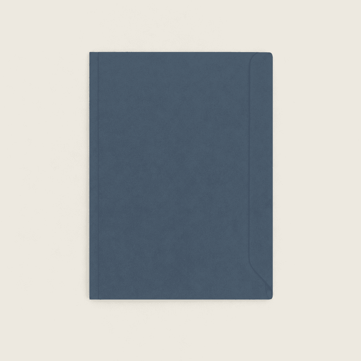 A plain slate-blue card document folder, closed and empty, lying flat on a pale surface.