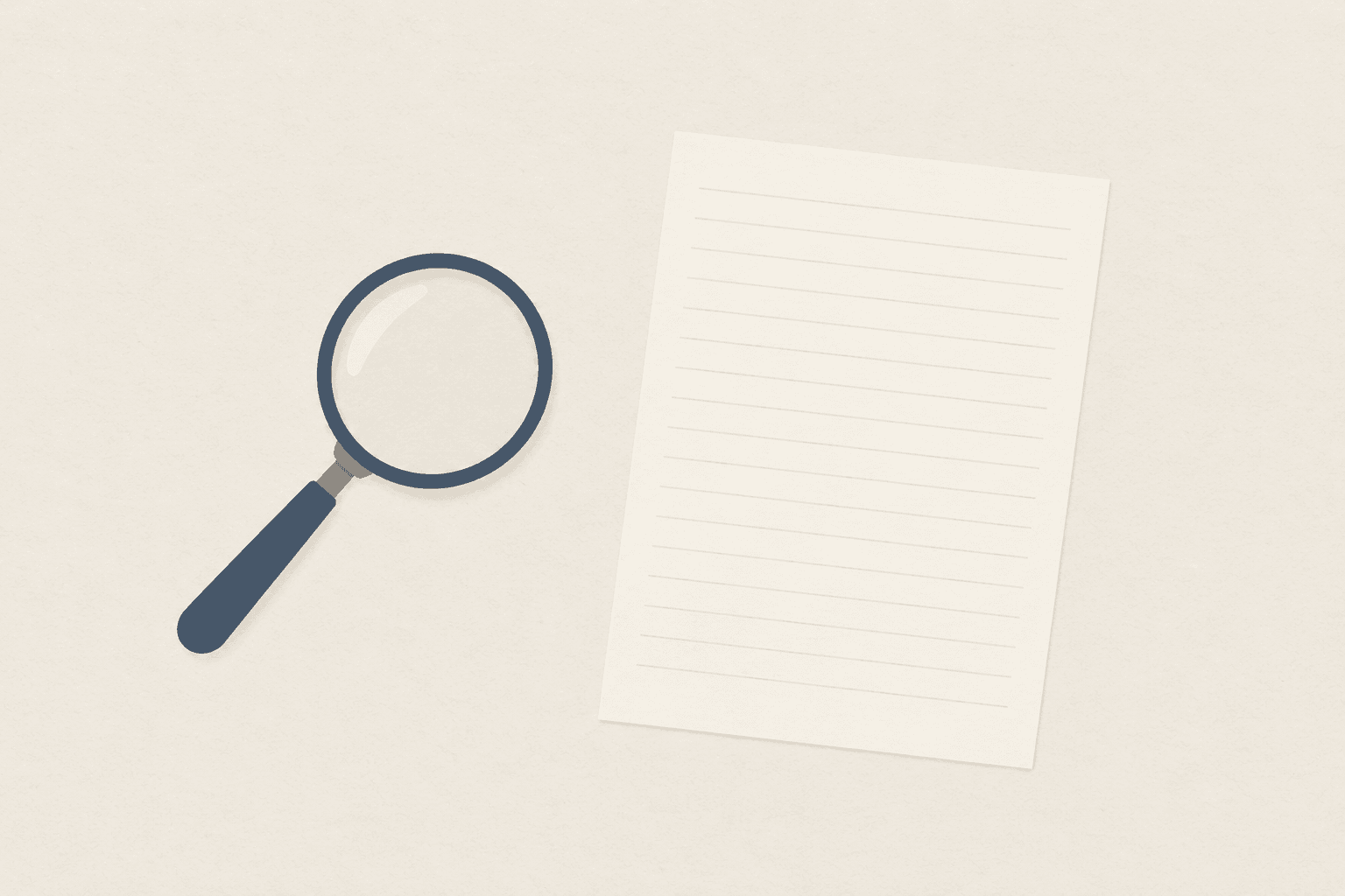 A plain magnifying glass lying flat beside a blank ruled sheet on an empty surface.