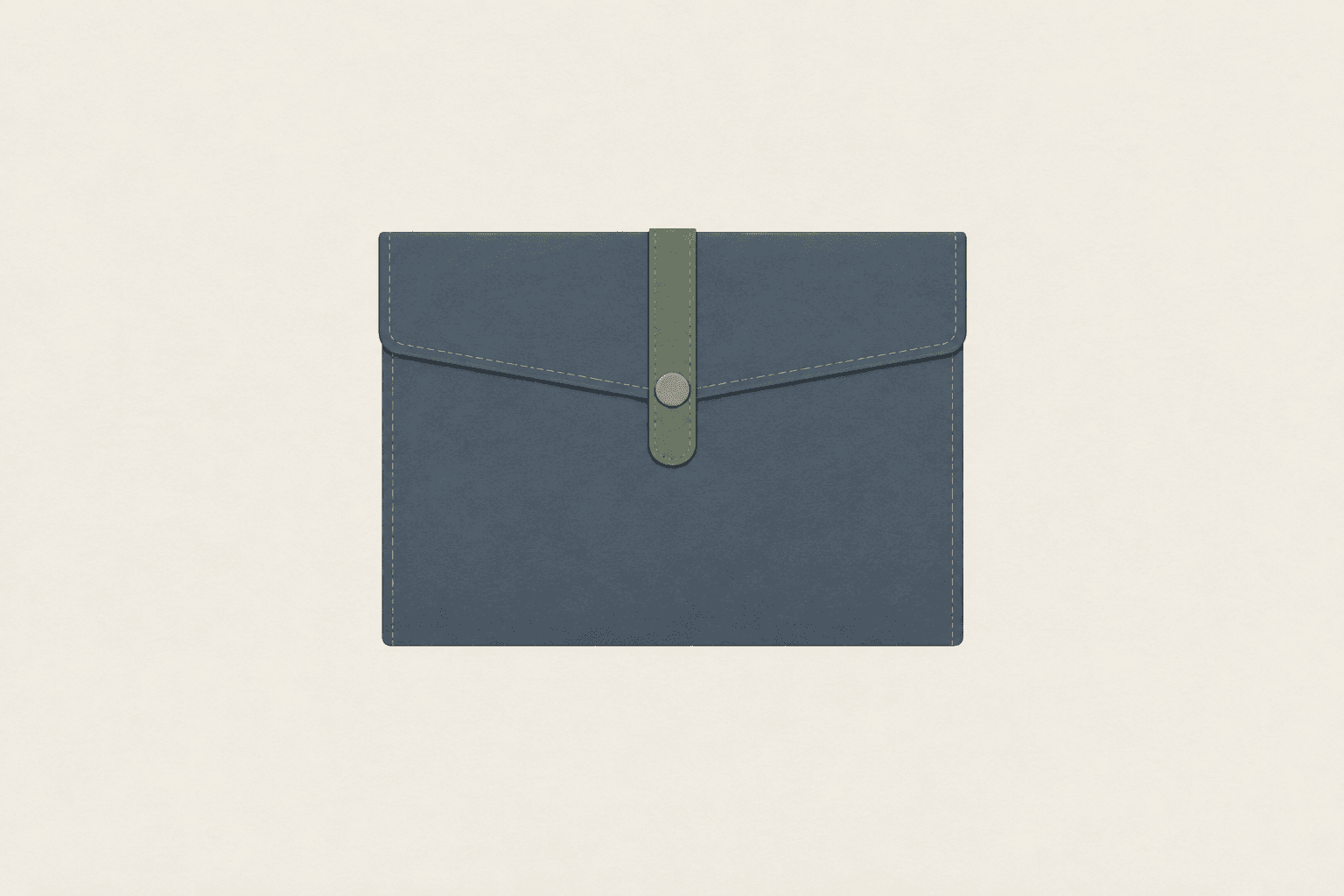 A plain closed document wallet with a fastened flap, lying flat on an empty surface.